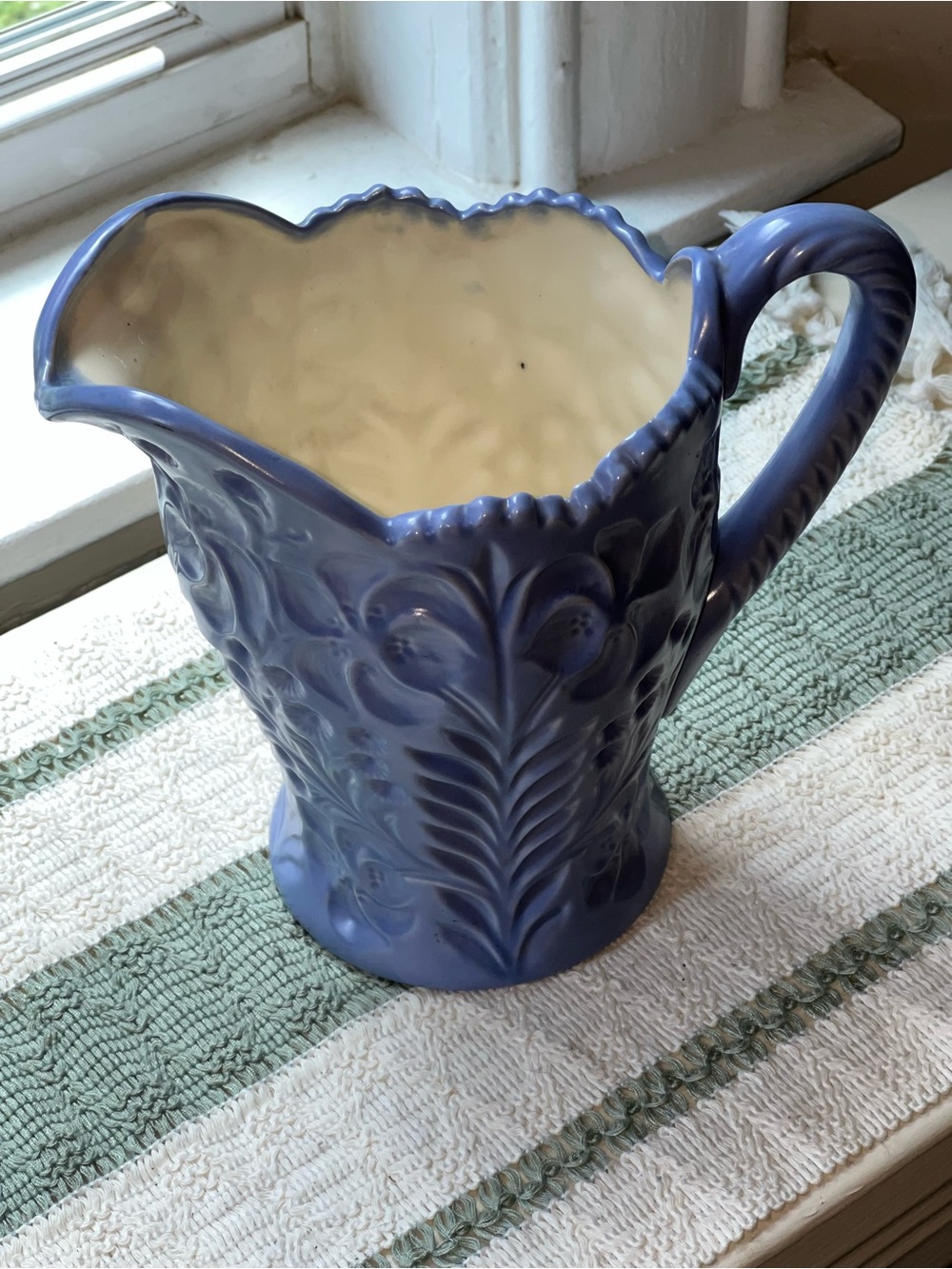 Decorative Blue Embossed Ceramic Pitcher